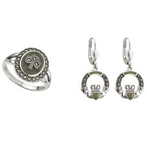Solvar shamrock ring and claddagh earrings, Connemara marble, marcasite, silver